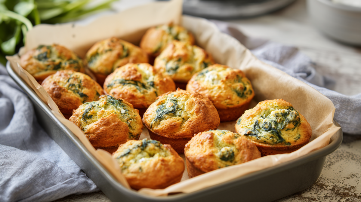 Zwölf Spinat-Feta-Muffins in einer kleinen Backschale. Drumherum liegt ein graues Tuch. Im Hintergrund erkennt man weiteren frischen Spinat.