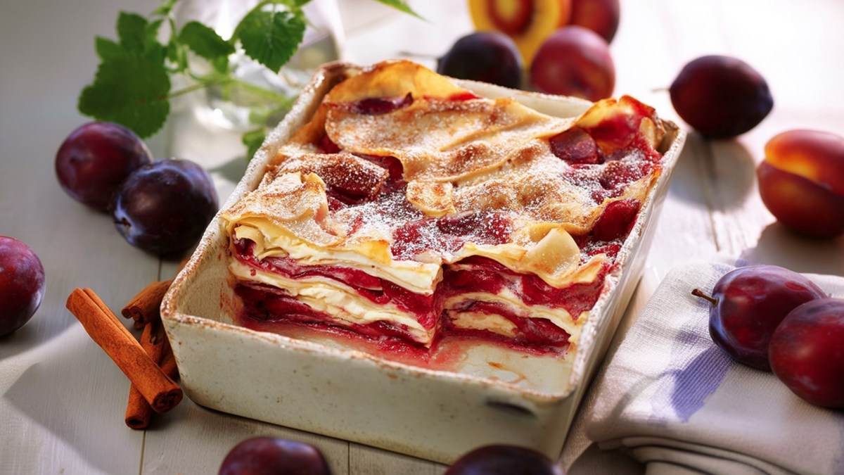Eine Auflaufform mit einer süßen Pflaumen-Lasagne. Ringsum liegen frische Pflaumen, Zimtstangen und Minze verteilt.