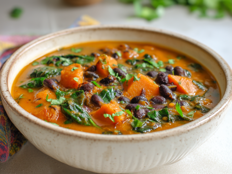 Eine Schale Süßkartoffel-Bohnensuppe auf einem weißen Tisch. Links neben ihr liegt ein Tuch.