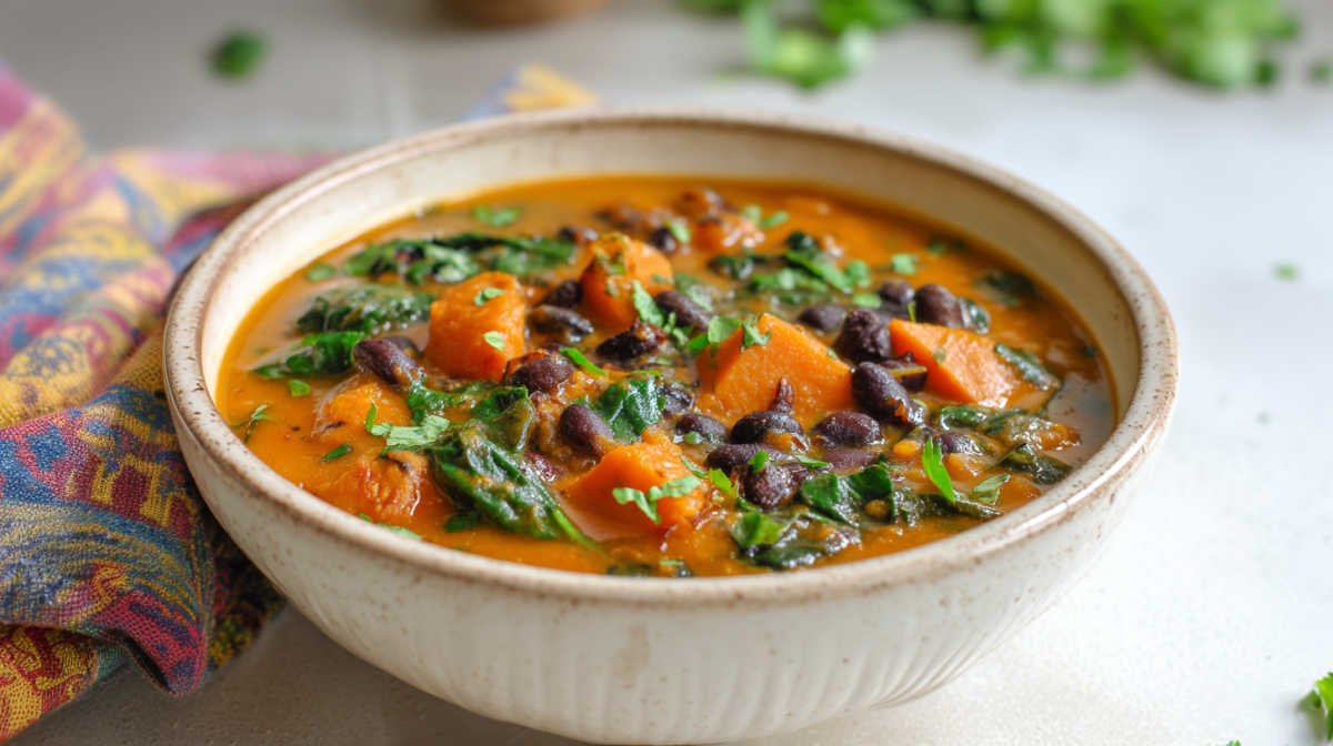 Eine Schale Süßkartoffel-Bohnensuppe auf einem weißen Tisch. Links neben ihr liegt ein Tuch.