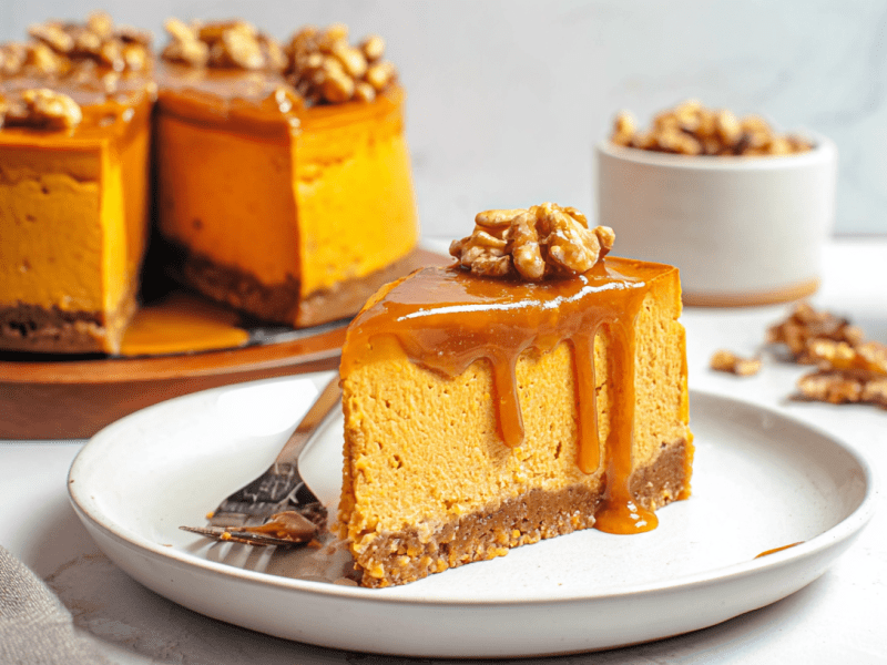 Ein Stück Süßkartoffel-Cheesecake mit Ahornsirup-Karamell auf einem weißen Teller. Im Hintergrund steht der Rest des Kuchens.