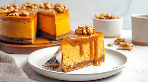 Ein Stück Süßkartoffel-Cheesecake mit Ahornsirup-Karamell auf einem weißen Teller. Im Hintergrund steht der Rest des Kuchens.