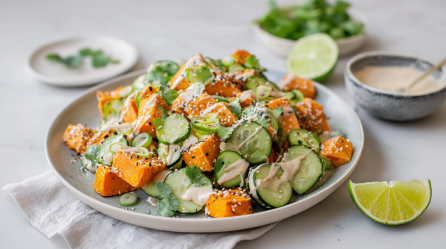 Ein Teller mit einem Süßkartoffel-Gurkensalat. Drum herum stehen Zutaten wie eine Limettenspalte, ein Schälchen mit Dip und frischem Koriander.