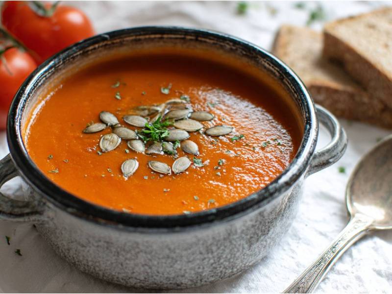 Schale mit Tomaten-Kürbissuppe, Tomaten und Scheiben Brot daneben