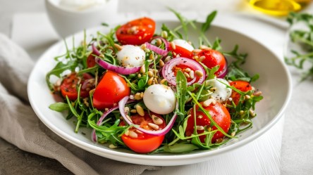 Ein Tomaten-Rucola-Salat mit Mozzarella und Pinienkernen auf einem tiefen Teller.