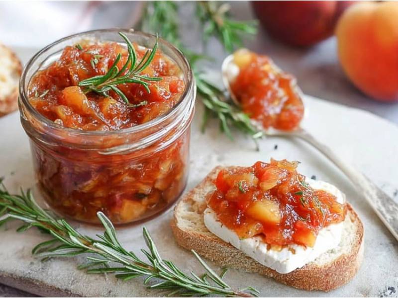Ein Glas Tomaten-Pfirsich-Chutney und eine Stulle daneben, belegt mit Ziegenkäse und Tomaten-Pfirsich-Chutney.