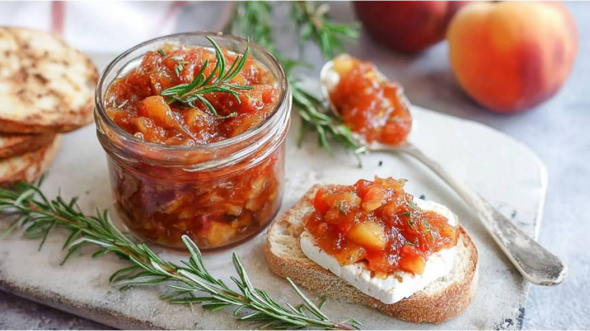Ein Glas Tomaten-Pfirsich-Chutney und eine Stulle daneben, belegt mit Ziegenkäse und Tomaten-Pfirsich-Chutney.