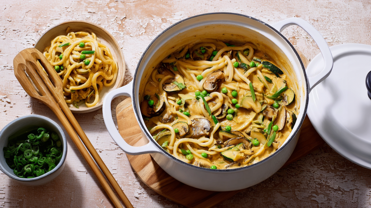 Ein Topf mit Udon-Nudeln-One-Pot ist zu sehen. Daneben steht eine kleine Schüssel mit dem Gericht und ein Schälchen mit Frühlingszwiebeln.