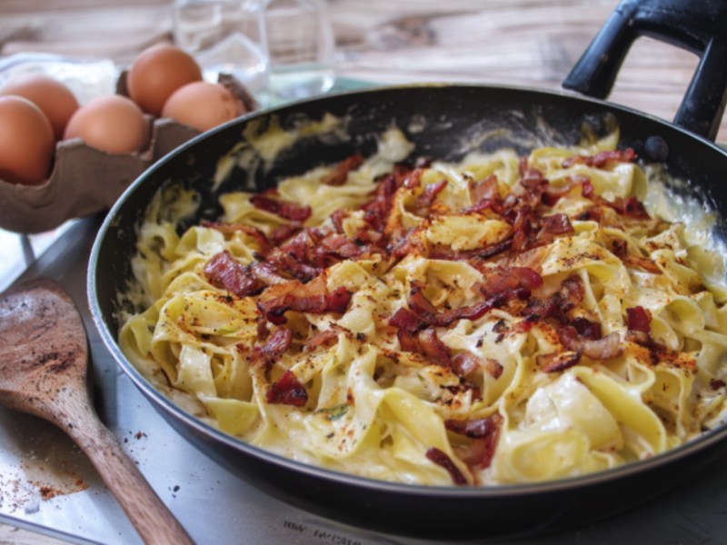 Eine Pfanne mit ungarischen Quarknudeln.