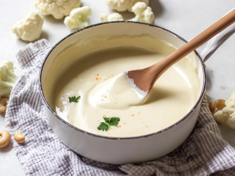 Ein Kochtopf mit veganer Béchamel-Soße, in der ein Kochlöffel aus Holz liegt. Der Topf steht auf einem Küchenhandtuch. Ringsum liegen Blumenkohlröschen und einige Cashews herum.