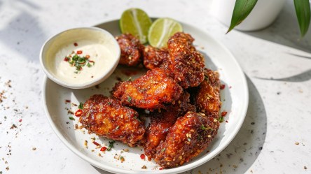 Ein Teller mit veganen Chicken Wings aus Enoki-Pilzen. Sie werden mit einer Schale Ranch-Dip und zwei Limettenschnitzen serviert. Ins Bild ragen ein paar Blätter einer Pflanze.