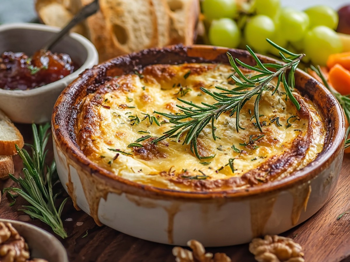 Eine runde Ofenform mit veganem Ofenkäse, der mit einem Rosmarinzweig garniert ist. Der Ofenkäse steht auf einem Holzbrett und ringsum sind frische Brotscheiben, Trauben, Gemüsesticks, eine Schale mit Chutney und Walnüssen.