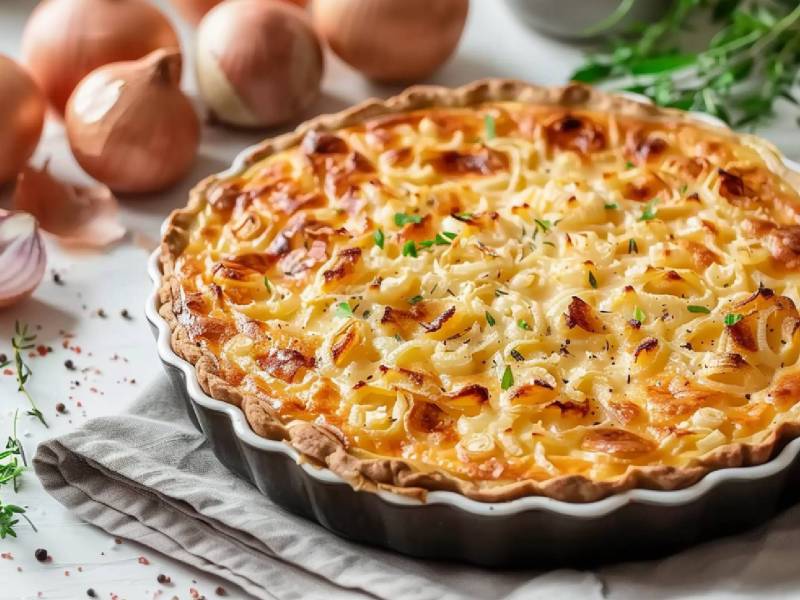 Veganer Zwiebelkuchen in einer Tarteform, frische Zwiebeln dahinter