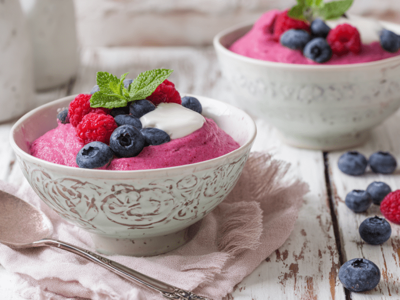Zwei Schüsseln mit Vispipuuro auf einem weißen Holztisch. Neben den Schüsseln liegen frische Beeren. Vor der vorderen Schüssel liegt ein Löffel.