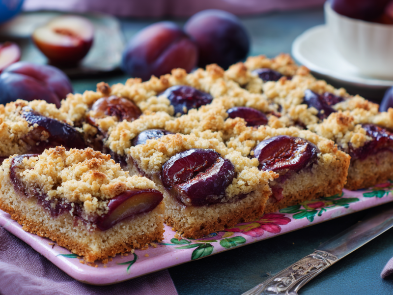 Walnuss-Zwetschgenkuchen mit Streuseln, in Stücke geschnitten und angerichtet auf einer Platte. Als Deko sind eine lilafarbene Stoffserviette und ganze Zwetschgen außen herum gelegt.