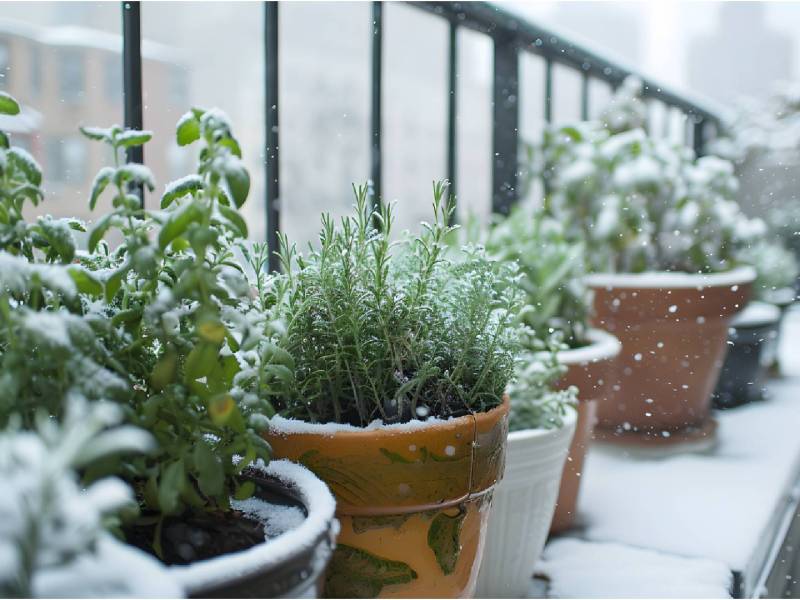 Balkon mit winterharten Kräuter im Winter