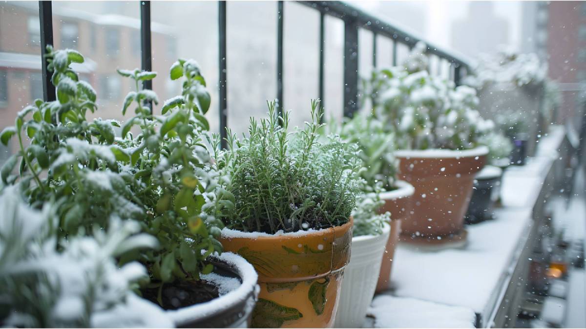 Balkon mit winterharten Kräuter im Winter