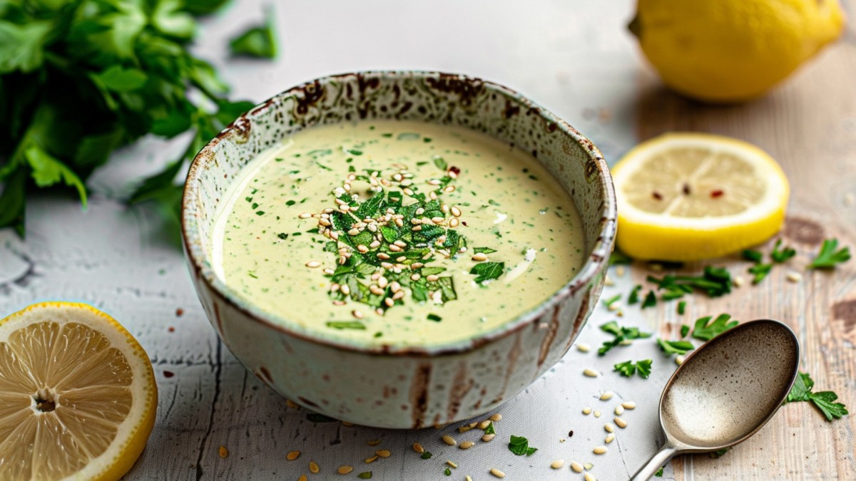 Eine Schüssel mit Zitronen-Kräuter-Sesamsoße. Ringsum liegen Zitronenscheiben, eine ganz Zitrone, ein Löffel, Sesamsamen und frische Kräuter verteilt.