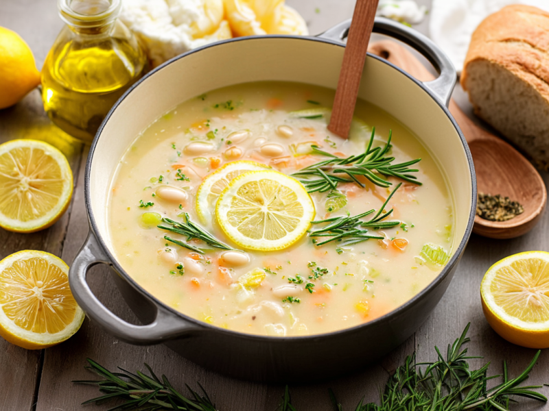Ein Topf voller Zitronen-Rosmarin-Suppe mit Bohnen. Aufgeschnittene Zitronen und Brot liegen als Deko um den Topf.