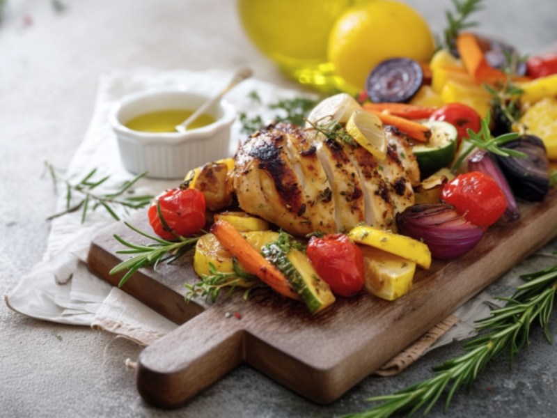 Zitronenhähnchen mit Gemüse aus dem Backofen auf einem Holzbrett.