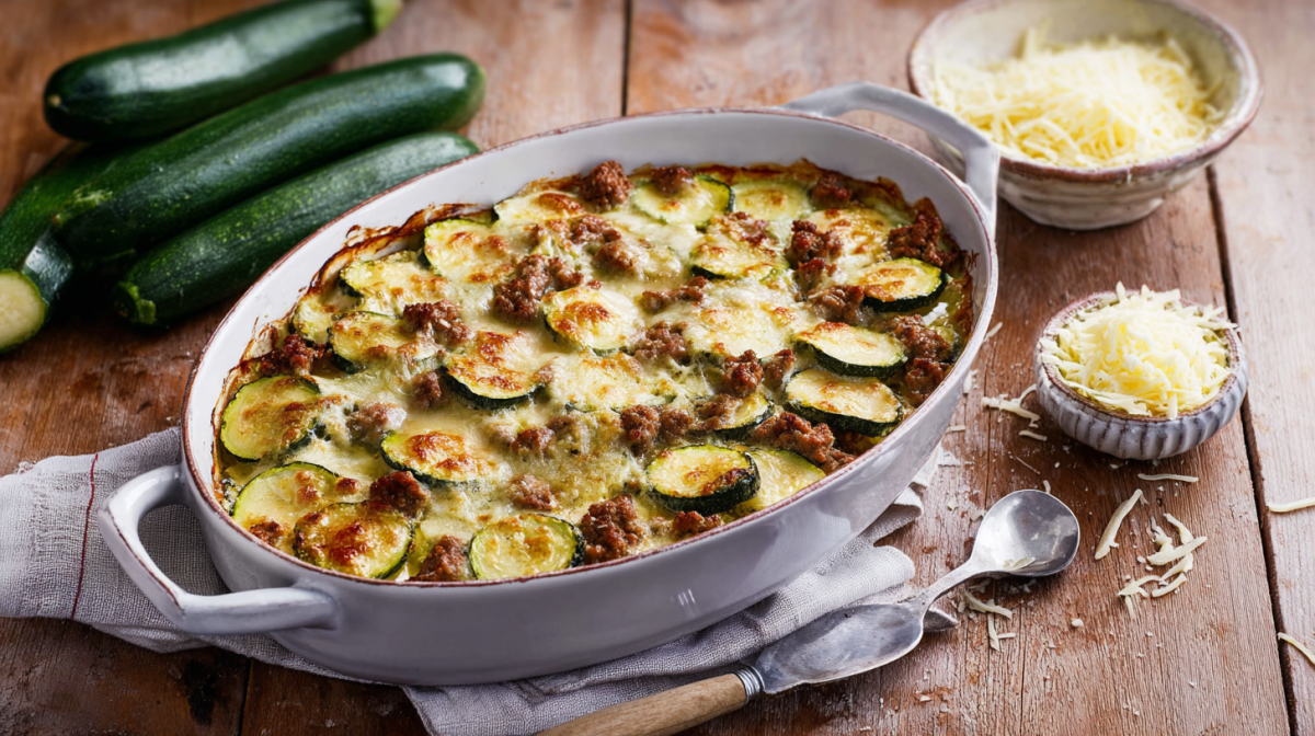 Zucchini-Hackfleisch-Gratin in einer Auflaufform, daneben liegen Zucchini und etwas Käse.