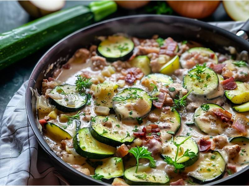 Zucchini-Schmorpfanne auf einem Tisch