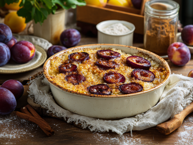 Eine Ofenform mit Zwetschgen-Reisauflauf. Herum liegen Zutaten wie Zwetschgen, Zimt und Zucker.