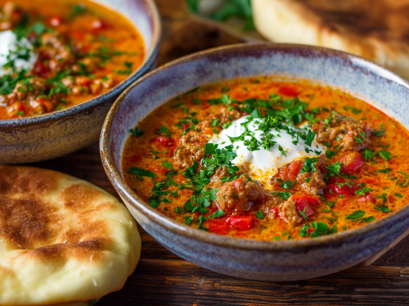 Zwei Schüsseln Ajvarsuppe. Links neben der vorderen Schale liegt ein Stück Ajvarsuppe.