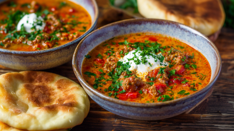 Zwei Schüsseln Ajvarsuppe. Links neben der vorderen Schale liegt ein Stück Ajvarsuppe.