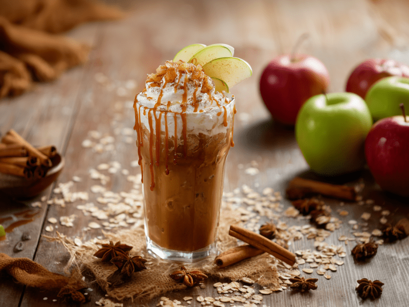 Ein Glas mit Apfel-Crisp-Cold-Brew auf einem Holztisch. Der Kaffee ist mit Schlagsahne, karamellisierten Apfelstücken und frischen Apfelscheiben garniert. Drumherum liegen Haferflocken, Zimtstangen und Sternanis. Rechts neben dem Glas liegen mehrere Äpfel.
