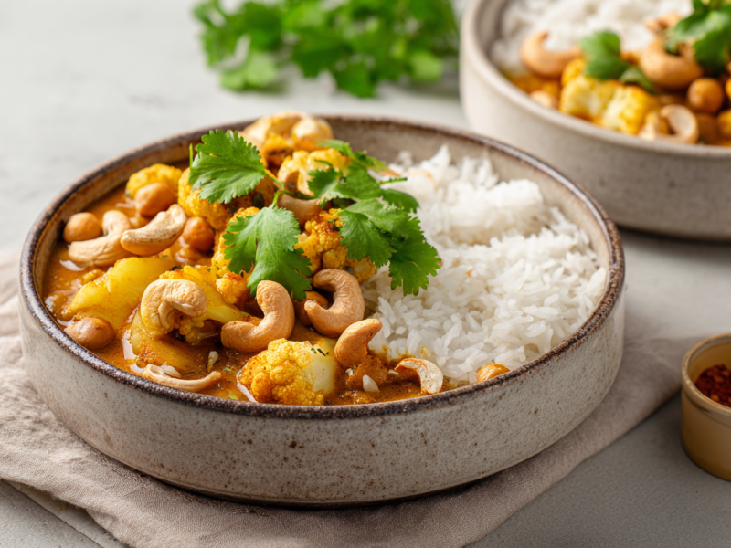 Zwei Schalen mit Apfel-Curry. Die eine steht im Vordergrund im Fokus, die andere ist unscharf im Hintergrund zu erkennen. Rechts neben der vorderen Schale ist ein Schälchen mit Chiliflocken zu sehen.