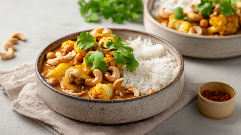 Zwei Schalen mit Apfel-Curry. Die eine steht im Vordergrund im Fokus, die andere ist unscharf im Hintergrund zu erkennen. Rechts neben der vorderen Schale ist ein Schälchen mit Chiliflocken zu sehen.