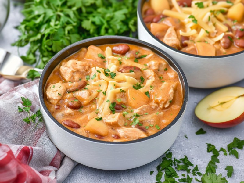 Eine Schüssel Apfel-Hähnchen-Chili, das mit frischen Kräuter garniert ist. Ringsum liegen frische gehackte Kräuter, aufgeschnittene Äpfel, ein Küchenhandtuch. Eine zweite Schüssel Chili steht im Hintergrund.