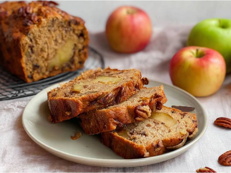 Drei Scheiben Apfel-Pekannuss-Brot auf einem Teller, angeschnittenes Brot und Äpfel im Hintergrund