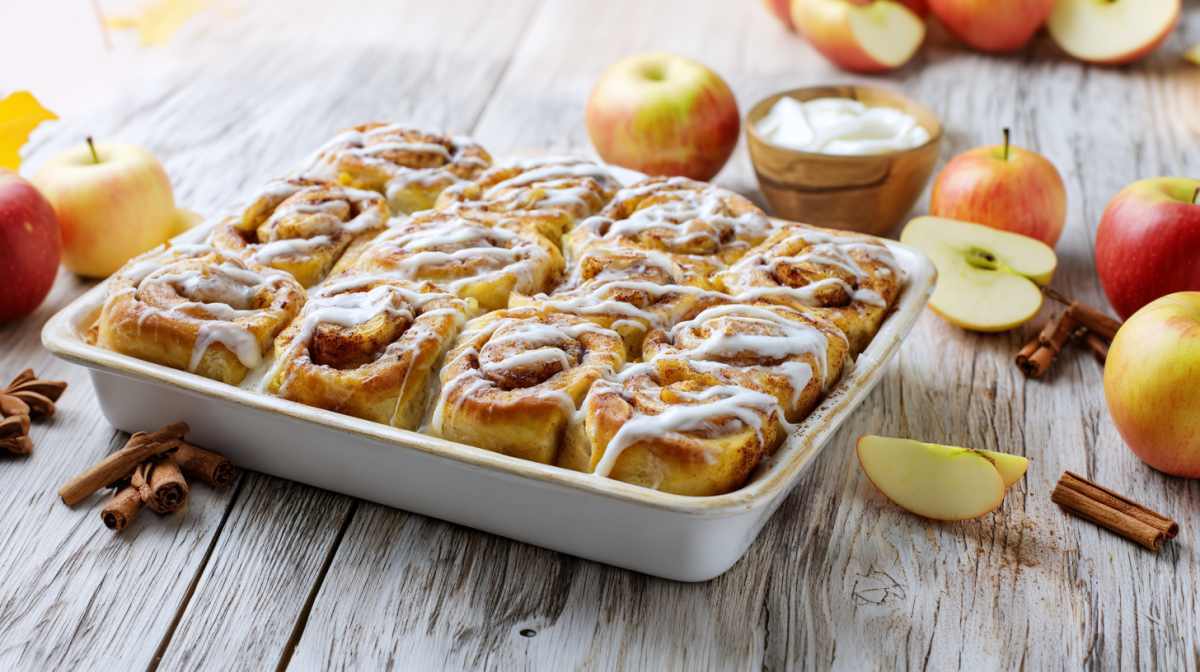 Ein Backblech voller Apfel-Puddingschnecken. Sie sind mit einem cremigen Frosting bestrichen. Um die Form herum liegen Äpfel und Zimtstangen verteilt.