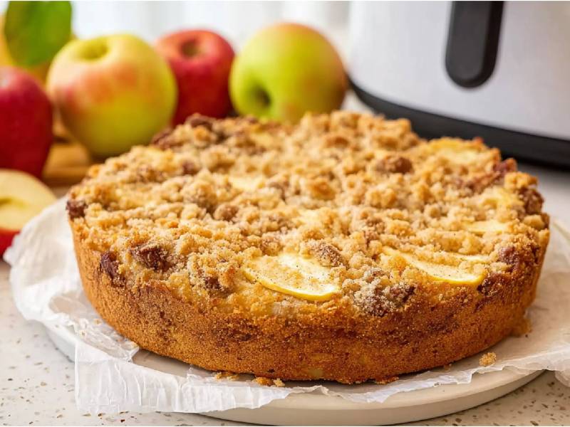 Ein gebackener Apfel-Streuselkuchen aus dem Airfryer, Äpfel und Airfryer im Hintergrund