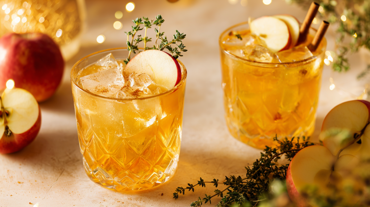 Zwei Gläser mit Apfel-Zimt-Cocktail mit Gin. Darum liegen frische Äpfel und ein Thymianzweig als Dekoration.