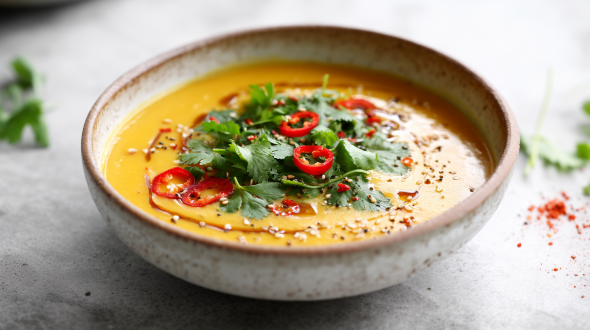 Eine Schüssel mit asiatischer Kürbissuppe auf grauem Untergrund. Links und rechts sieht man noch etwas Koriander liegen.