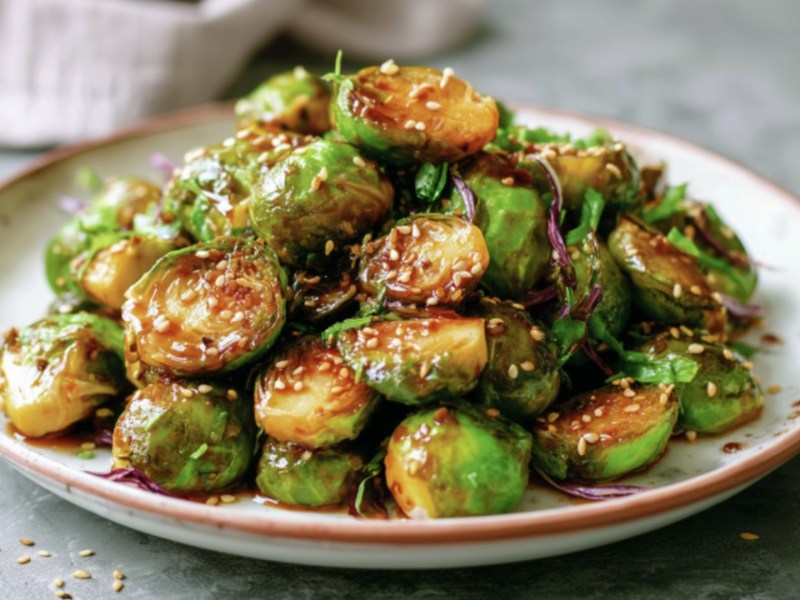 Asiatischer Rosenkohl mit Teriyaki-Soße und Sesam auf einem Teller.