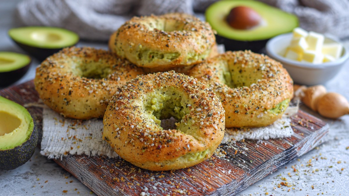 Einige Avocado-Bagel, die auf einem Holzbrett platziert sind. Ringsum liegen Avocadohälften sowie eine Schale mit Butterwürfeln ist zu sehen.