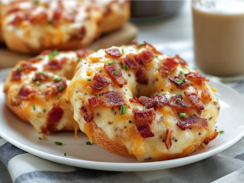 Zwei halbe Bacon-Cheddar-Bagels liegen auf einem Teller.