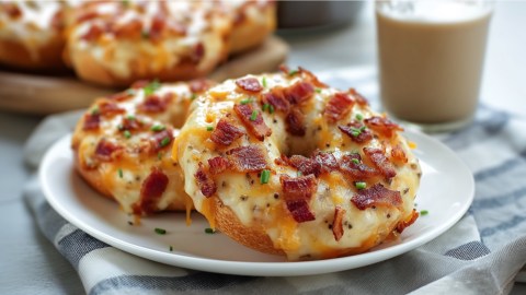Zwei halbe Bacon-Cheddar-Bagels liegen auf einem Teller.