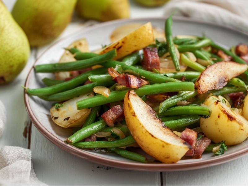 Teller mit Birnen, Bohnen und Speck