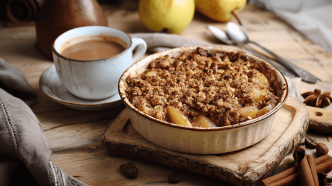Birnen-Chai-Crumble auf einem Holzbrett auf einem Frühstückstisch. Dahinter steht eine Tasse Kaffee. Der Crumble ist umgeben von Zimtstangen und Gewürzen. Im Hintergrund sieht man noch zwei Birnen liegen.