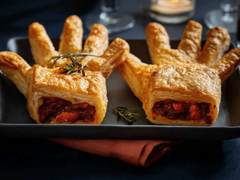 Zwei Blätterteighände mit Tomaten-Fleischfüllung auf einem Tablett. Darunter liegt eine rote Stoffserviette. Im Hintergrund sind Gläser zu sehen.