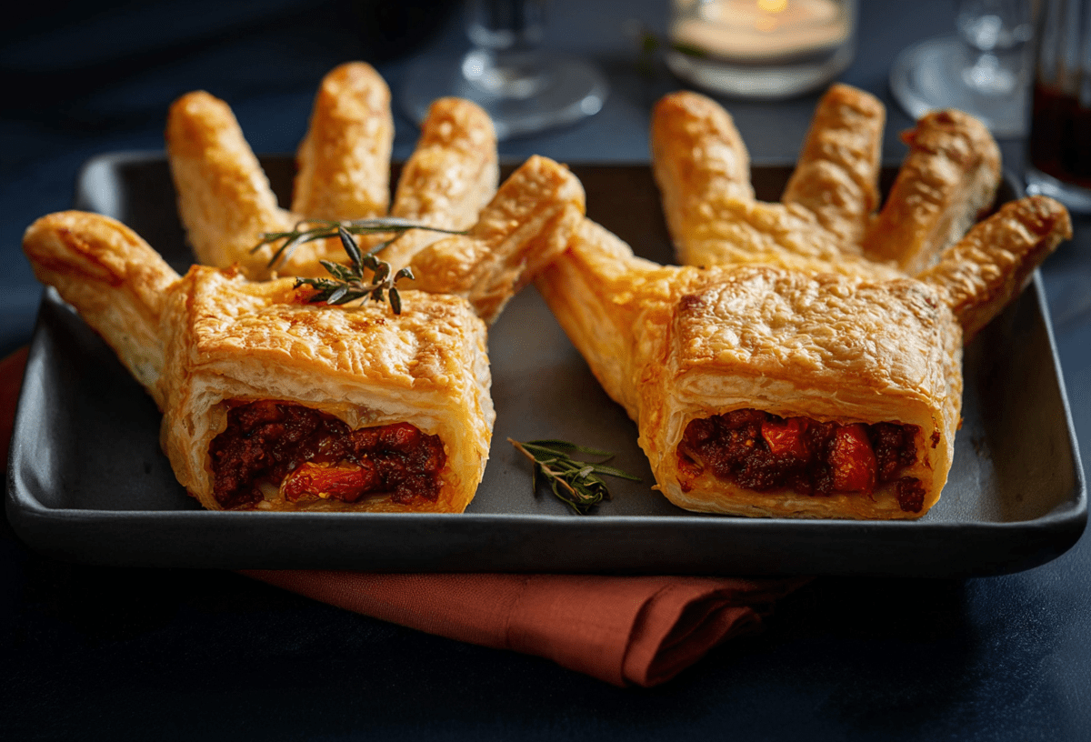 Zwei Blätterteighände mit Tomaten-Fleischfüllung auf einem Tablett. Darunter liegt eine rote Stoffserviette. Im Hintergrund sind Gläser zu sehen.