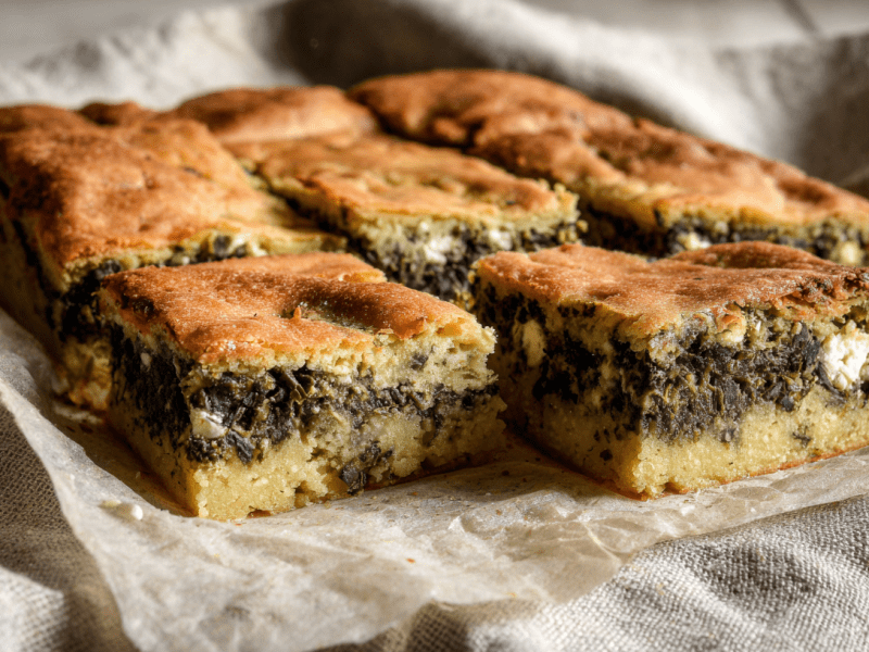 Blatsaria: griechische Mais-Gemüse-Schnitten auf einem Stück Backpapier.