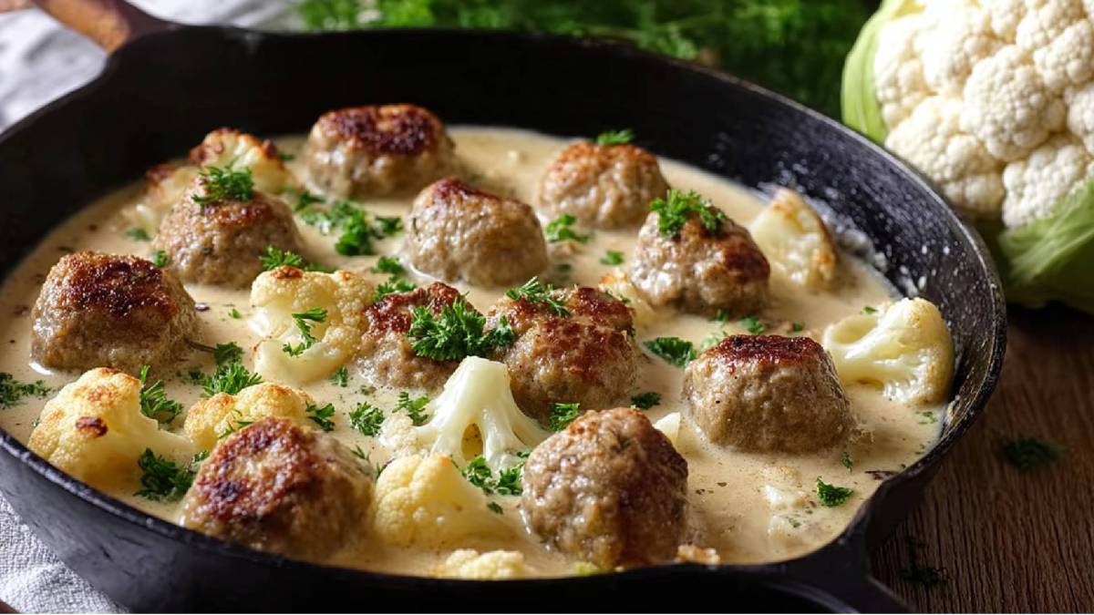 Blumenkohlpfanne mit Hackbällchen auf einem Tisch