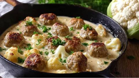 Blumenkohlpfanne mit Hackbällchen auf einem Tisch