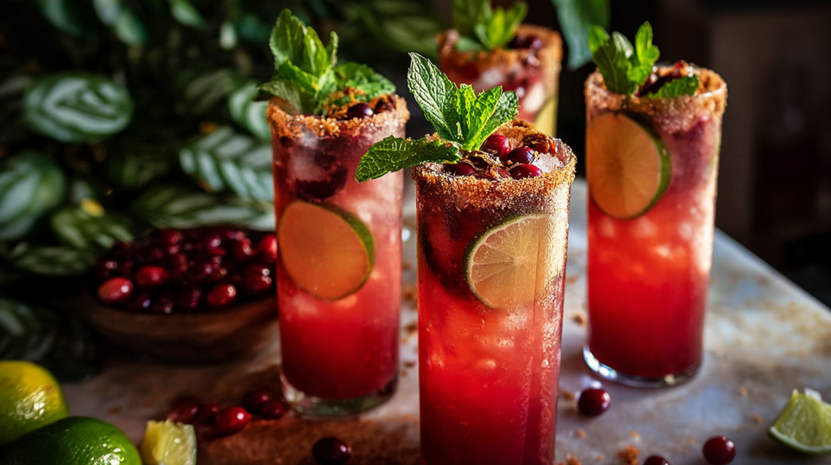 Vier Gläser mit Blutorangen-Cranberry-Mojito, garniert mit Zuckerrand und frischer Minze als Deko.